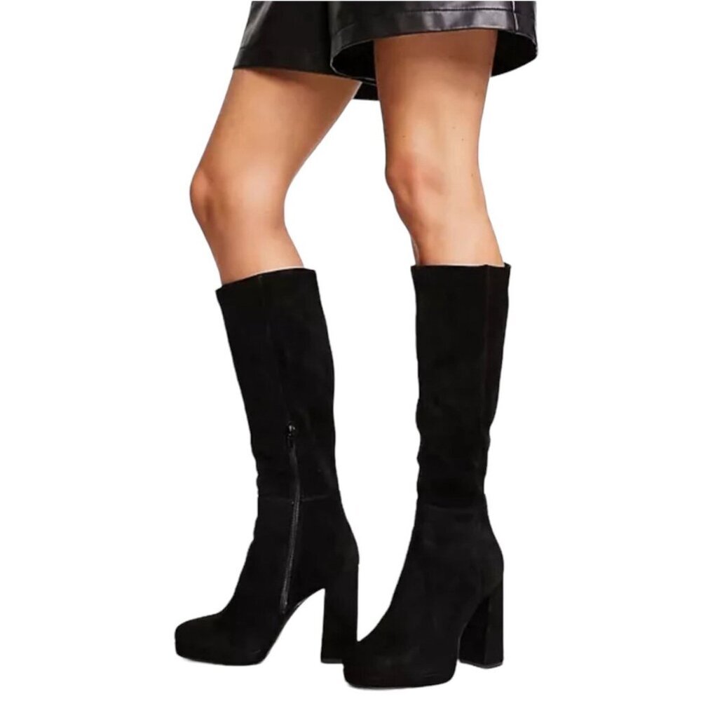 STEVE MADDEN Black Marcello Round Toe Block Heel MOD Zip-Up Knee High Boots 7.5